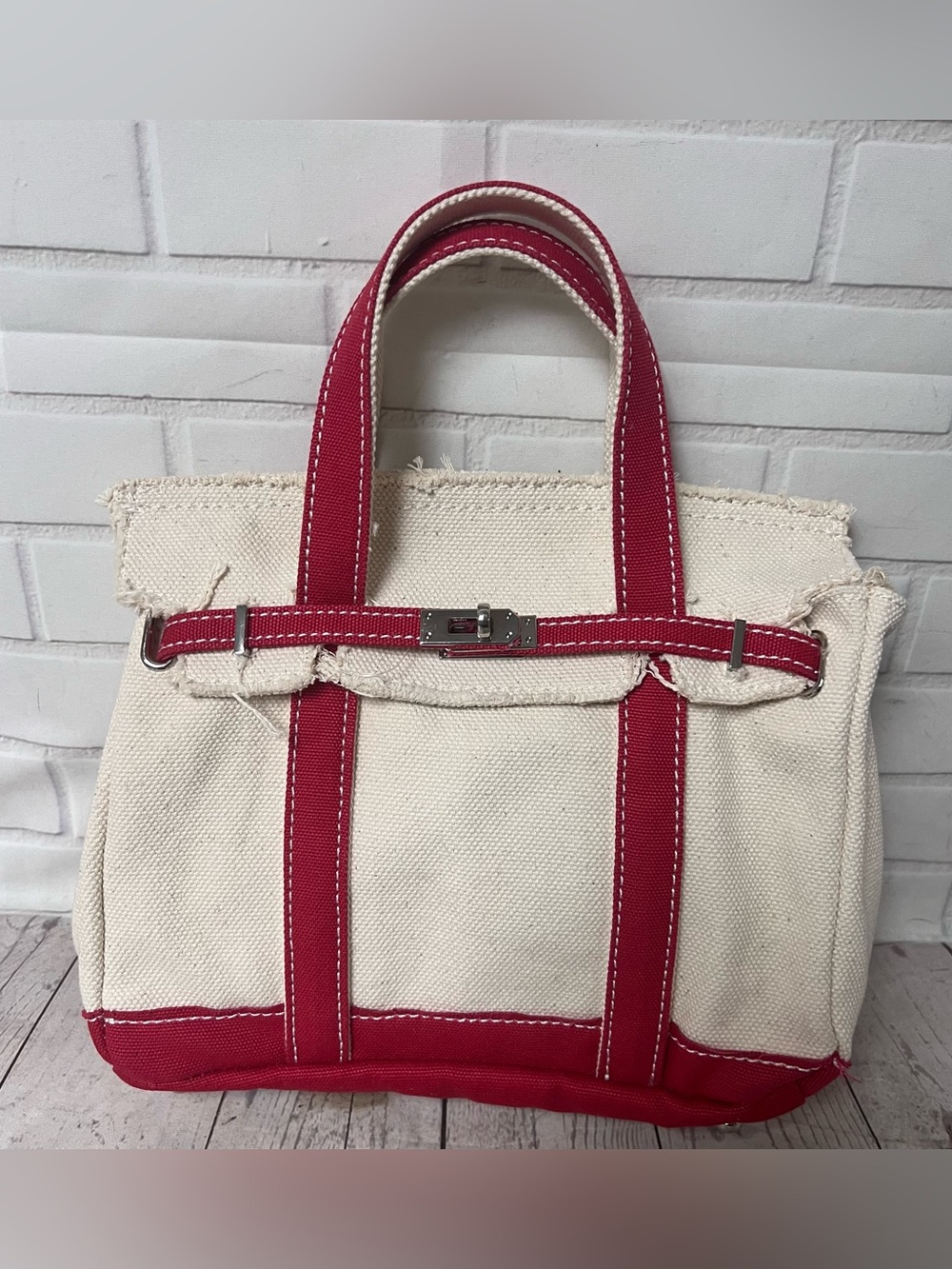 Sunwin Mini Cream Red Canvas Tote Bag NWOT Raw Edge Satchel Boatkin Small Purse